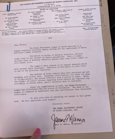 A fundraising letter from the HBLNC, dated 1969. The letter describes the necessity of voluntary sterilization and birth control for the "prevention of births of mentally defective children"