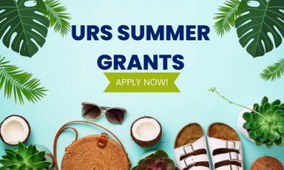 URS Summer Grants: Apply Now! text on a light blue background with leaves, birkenstocks, opened coconuts, and other summer items around the words